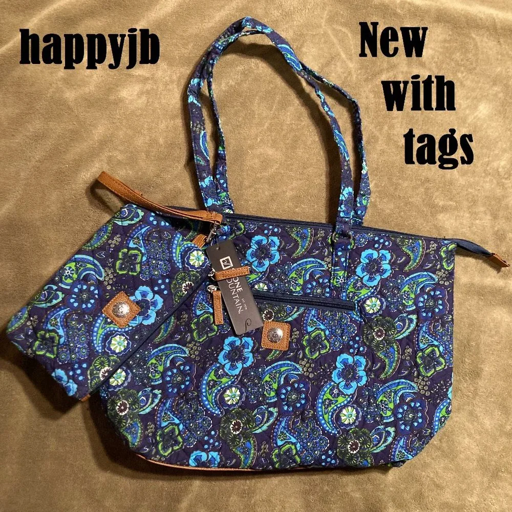 NWT Stone Mountain Paisley Shoulder Tote Bag Purse & Wristlet Blue